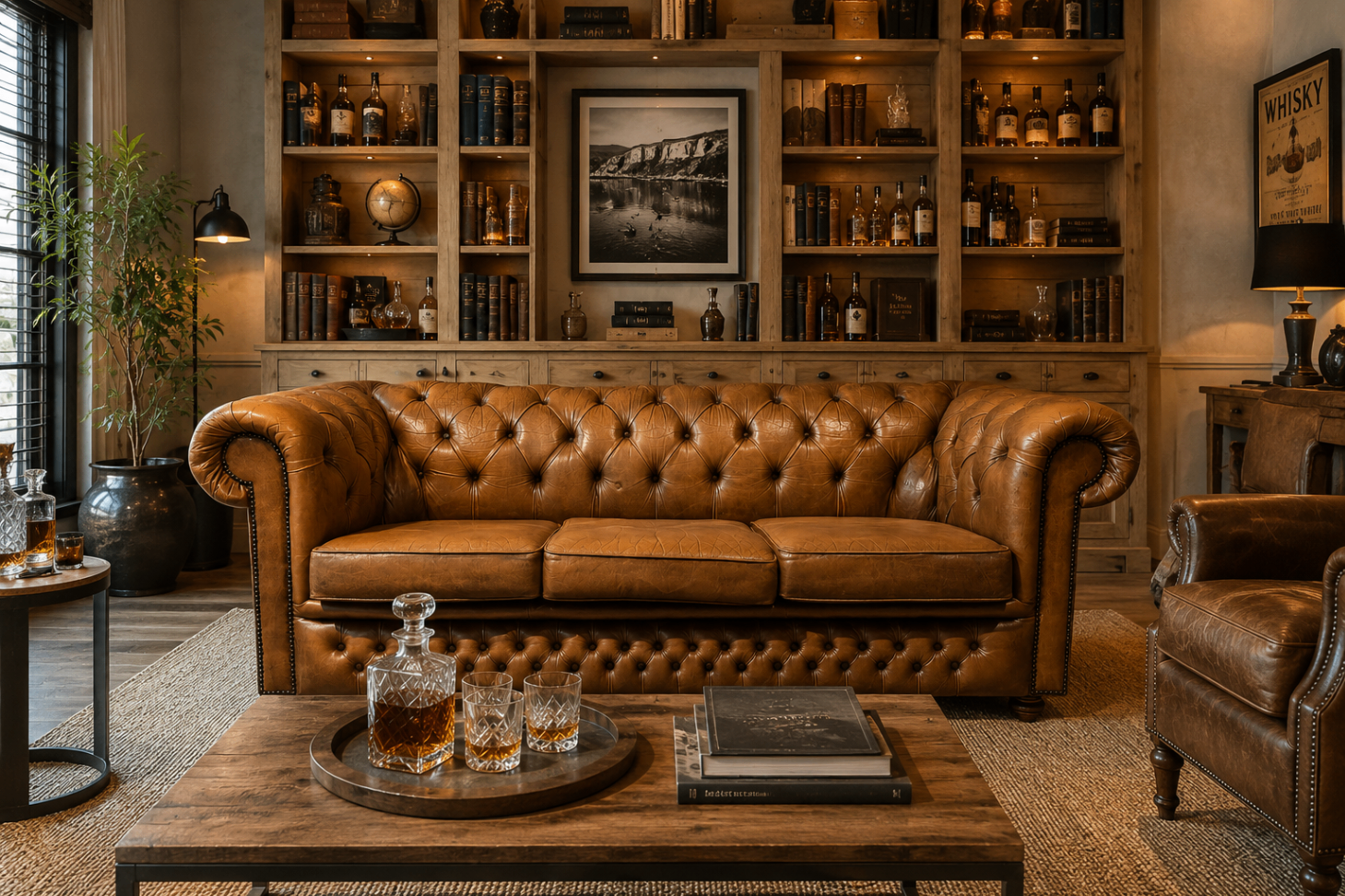Chesterfield cognac devant un mur d'étagères en bois rempli de livres et de whiskies — ambiance bibliothèque / whisky-bar