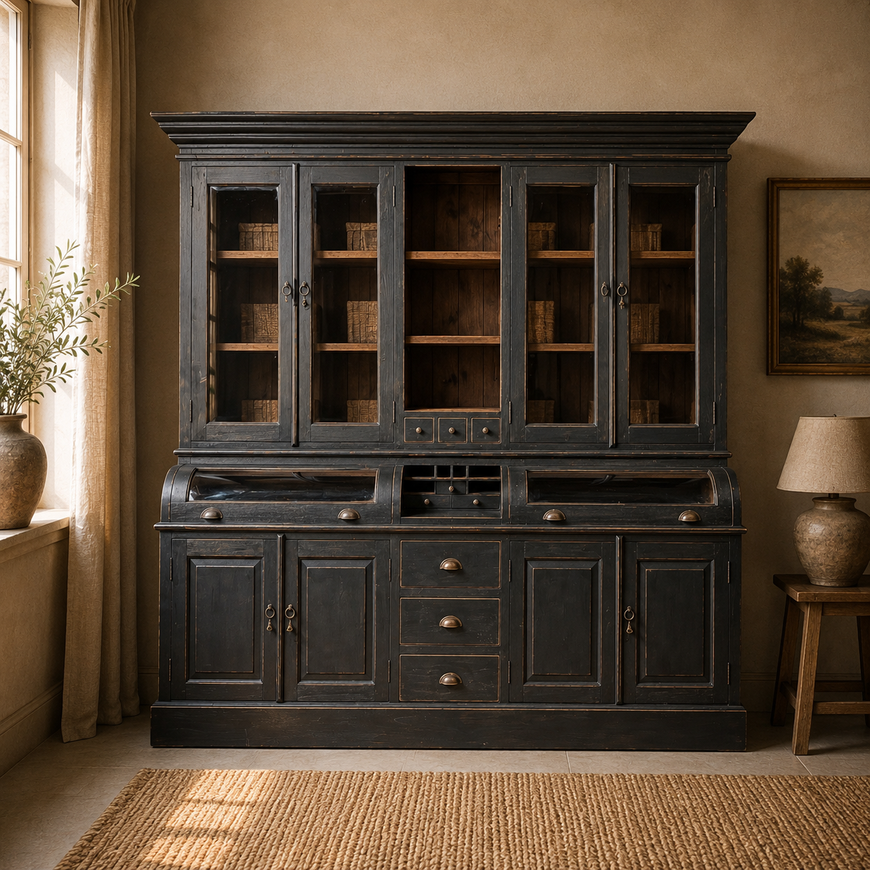 Zwarte landelijke houten kast