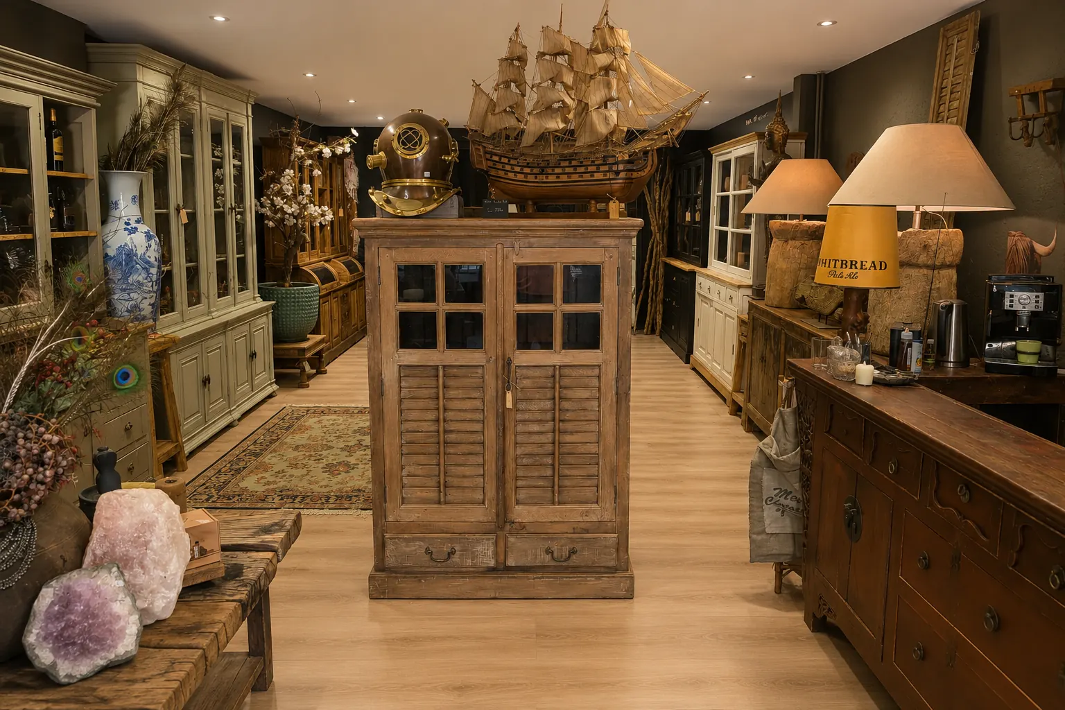 Teakhouten kast met louvre-deuren tussen buffetkasten in de showroom Landelijke showroom met een teakhouten kast met louvre-deuren, blank grenen buffetkast, donker houten dressoirs en decoratieve accessoires zoals een houten scheepsmodel en amethist geodes