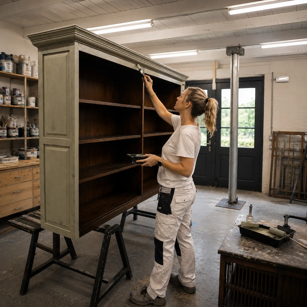 Medewerker schildert een landelijke buffetkast in een zachte RAL-kleur met matte lak — volledige restyling naar wens door UniekeKastenWinkel