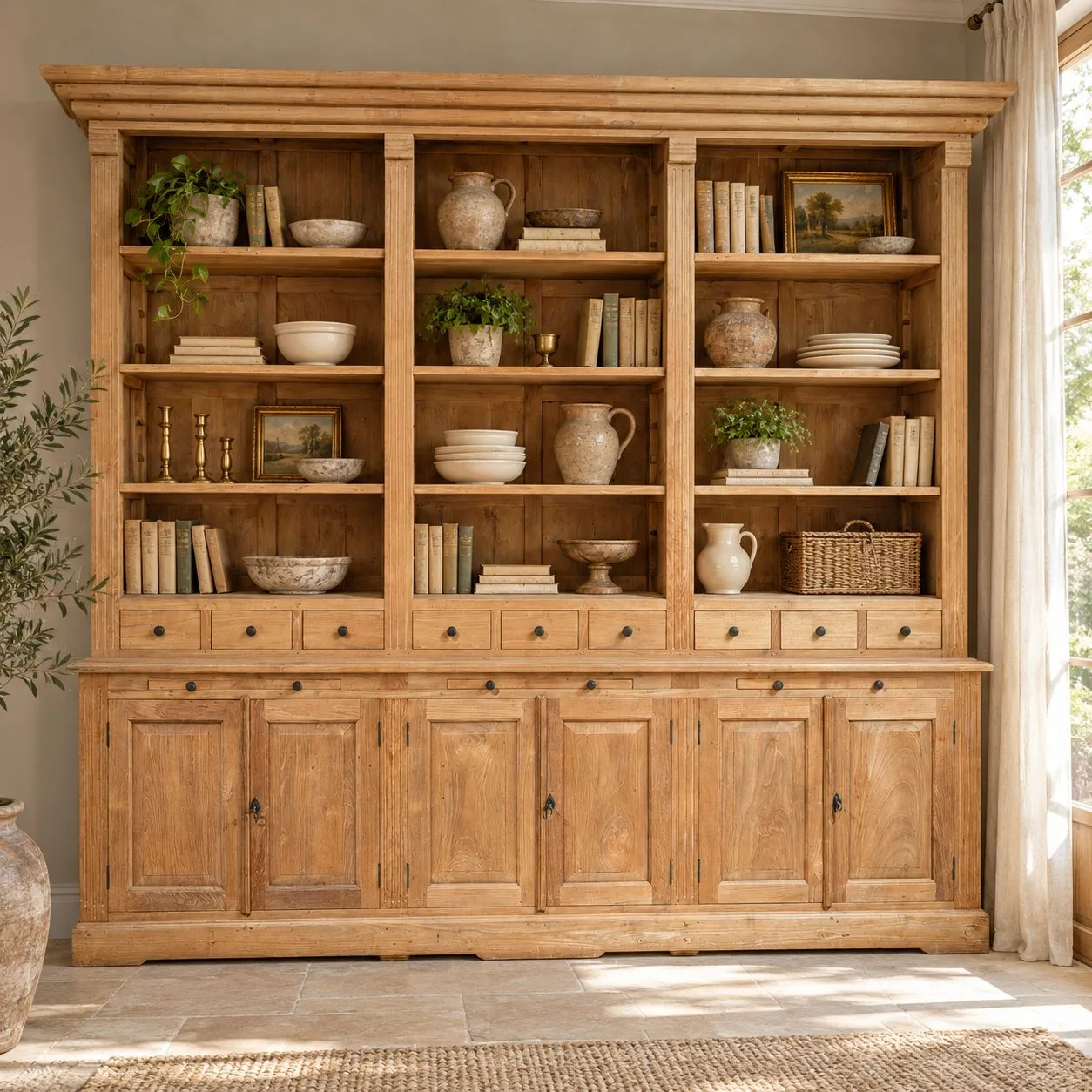 Productfoto van de teakhouten bibliotheekkast van 260 cm: drie open secties met twaalf vakken, negen lades en zes paneeldeuren