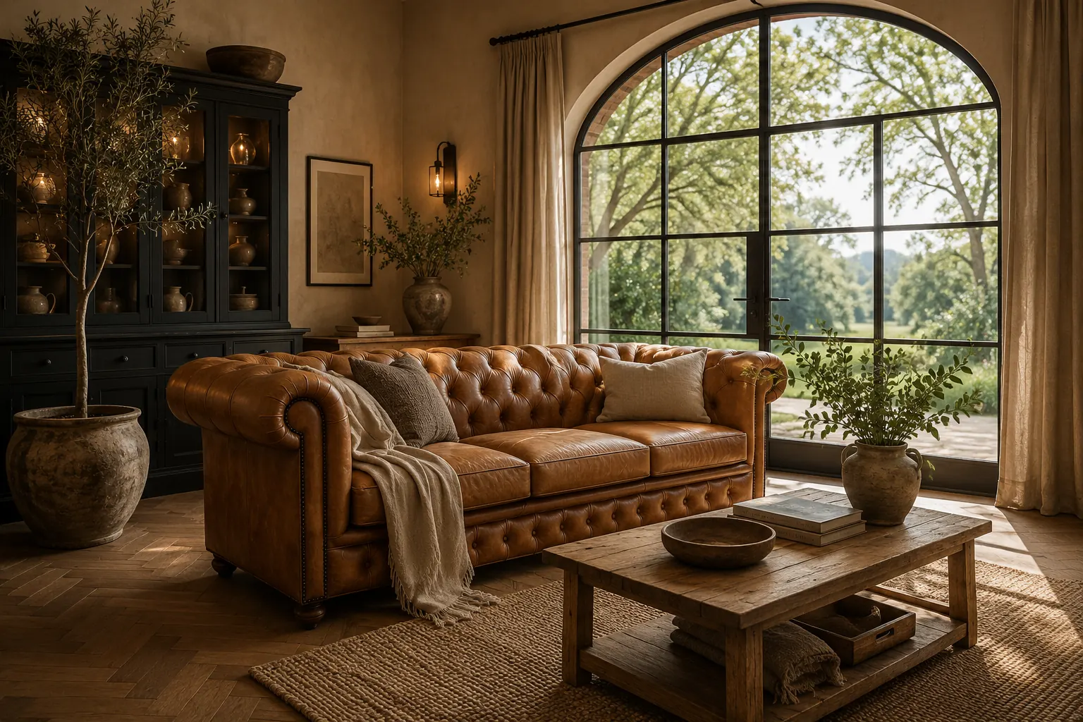 Landelijke woonkamer met cognac chesterfield bank, zwarte vitrinekast vol aardewerken kruiken, robuuste houten salontafel en groot stalen taatsdeur met uitzicht op de tuin
