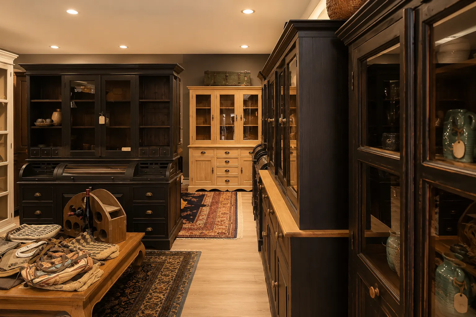 Showroom van UniekeKastenWinkel in Goirle met meerdere zwarte buffetkasten en vitrinekasten van massief hout, aangevuld met een blank grenen kast en Perzische tapijten