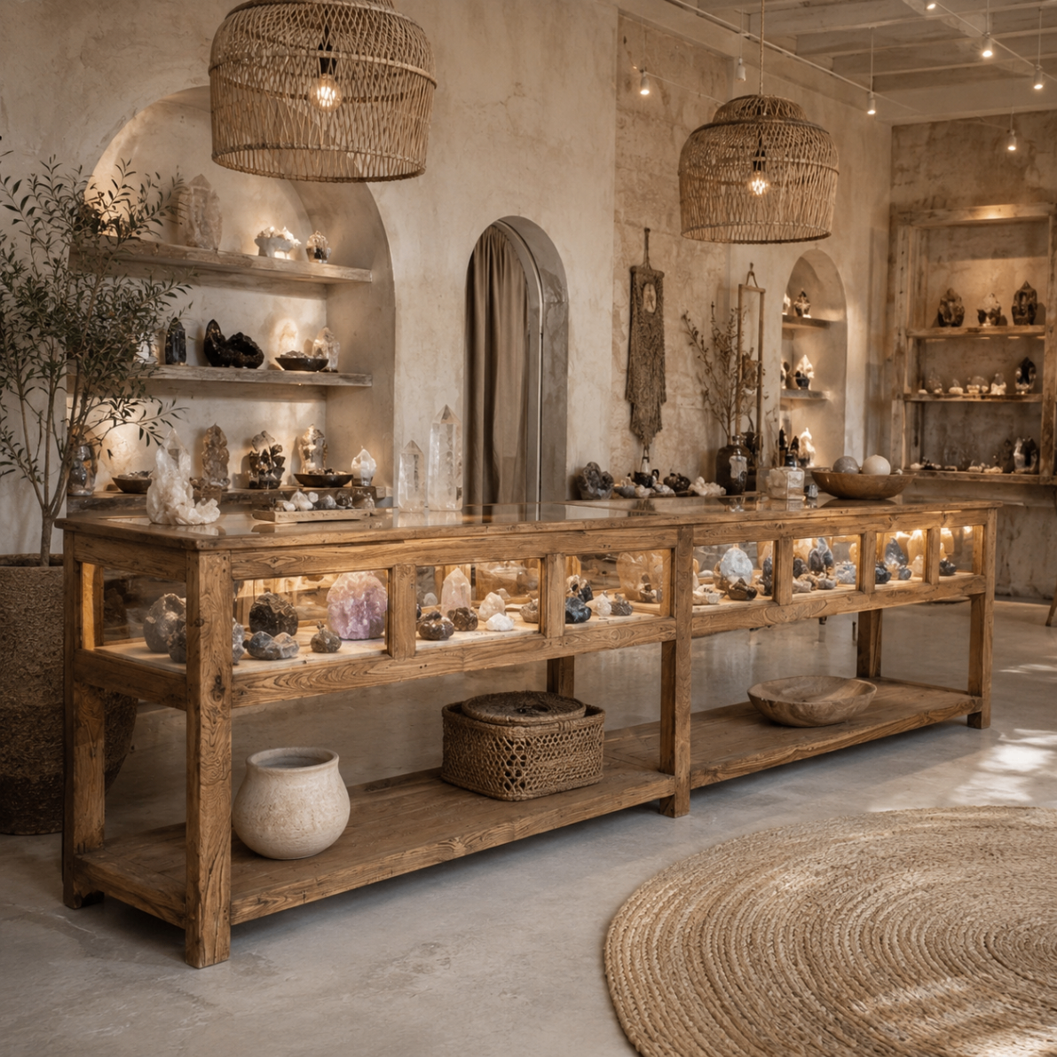Long comptoir en bois avec vitrine remplie de cristaux et géodes sous suspensions en rotin dans un concept store