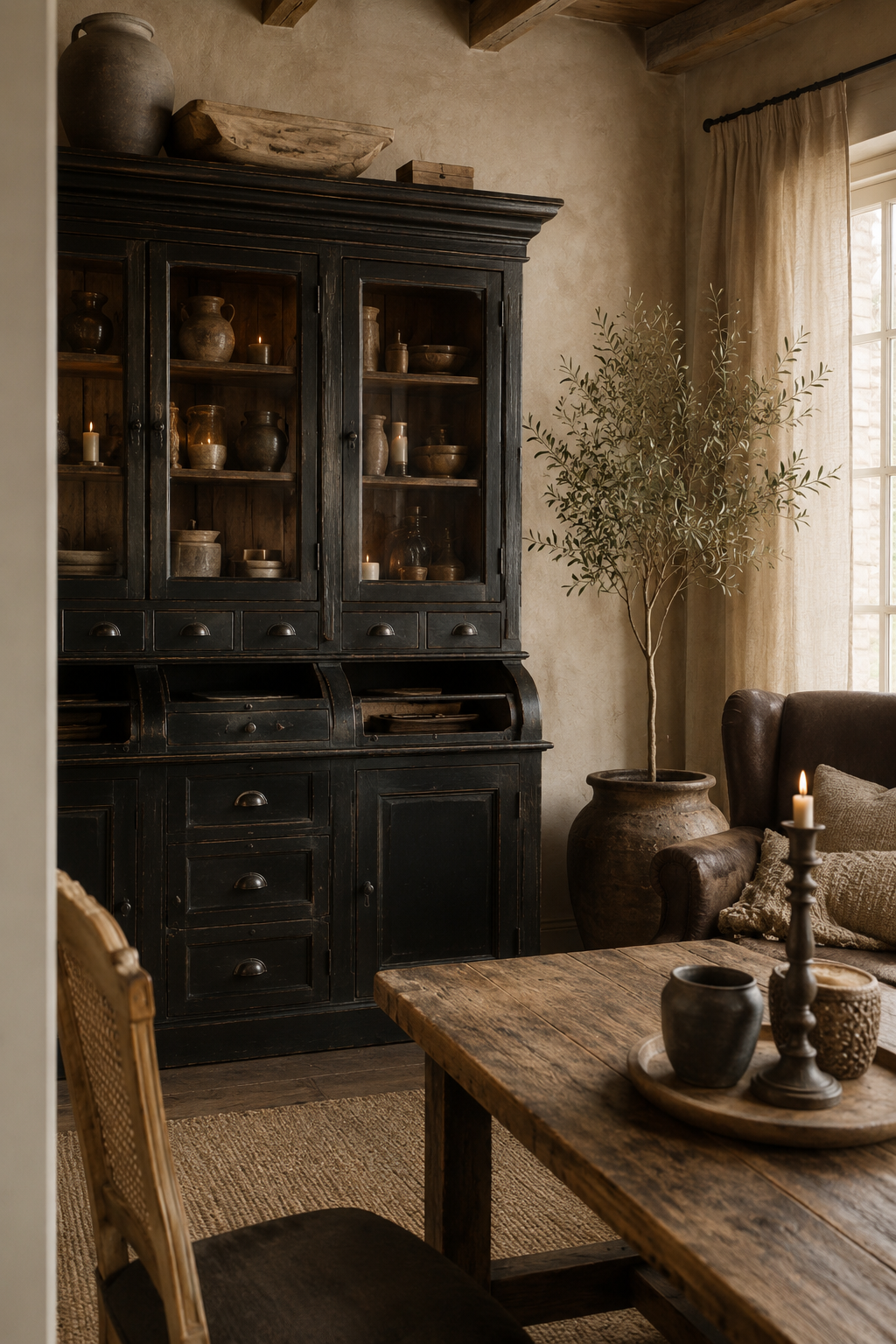 Landelijke woonkamer met zwarte grutterskast, olijfboom, linnen gordijnen en houten eettafel
