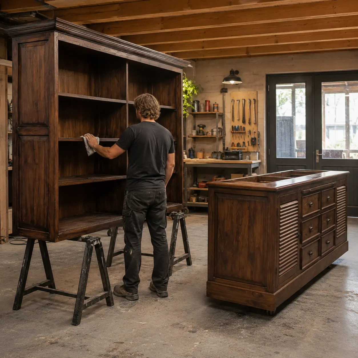 Houten buffetkast binnen in de werkplaats van UniekeKastenWinkel in Goirle — vakman controleert de constructie voor de restyling begint