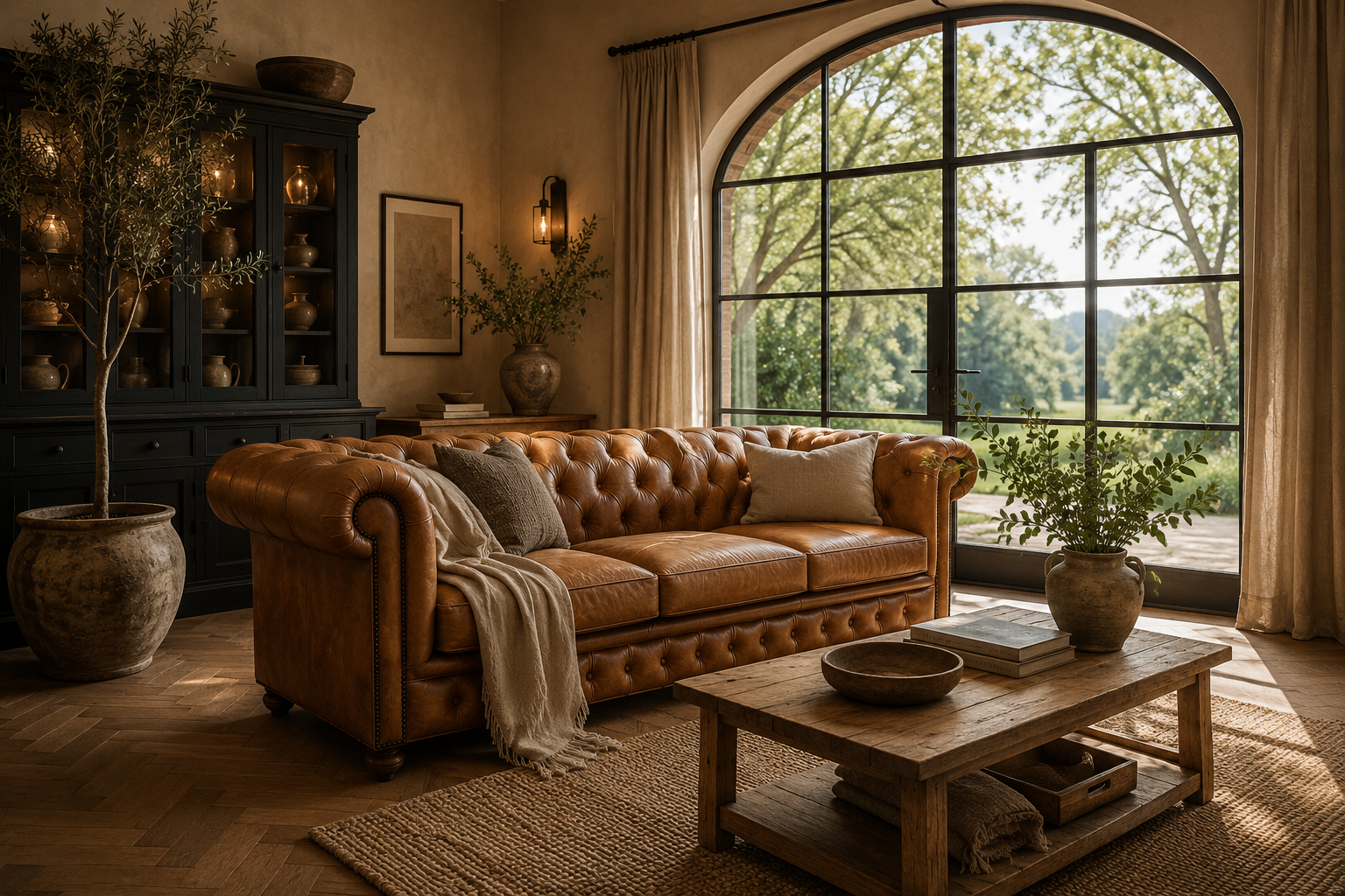 Landelijke woonkamer met cognac chesterfield bank, zwarte vitrinekast en stalen tuindeur