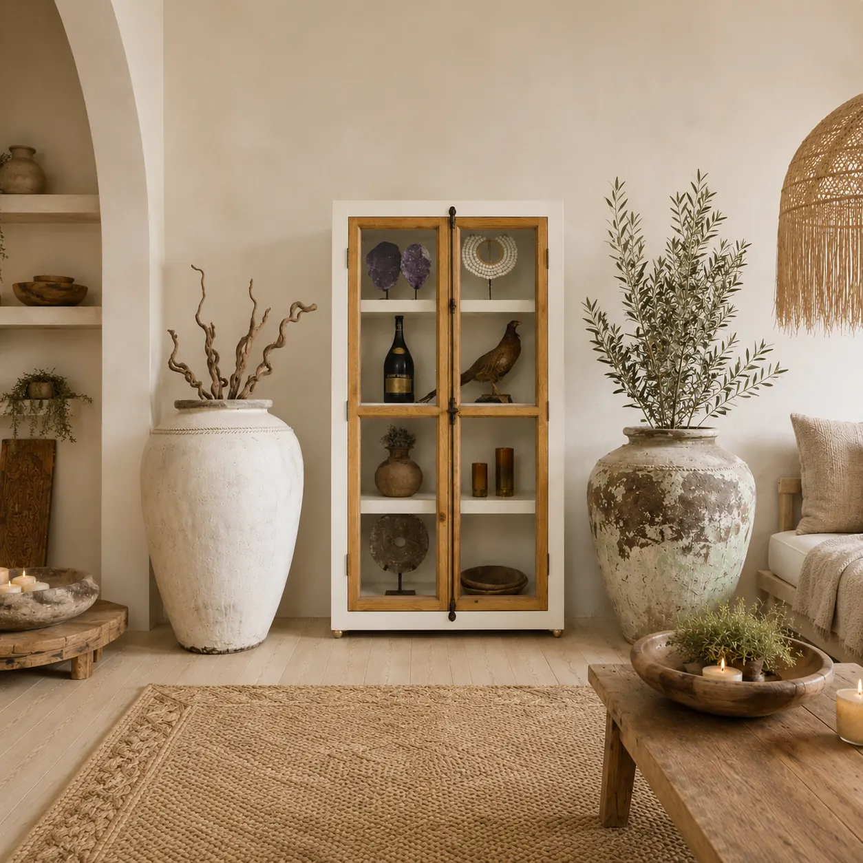 Ibiza-stijl vitrinekast in gebroken wit met teakhouten deuren, gestyled met aardewerk, keramiek en olijftakken in een warm bohemian en oosters interieur.