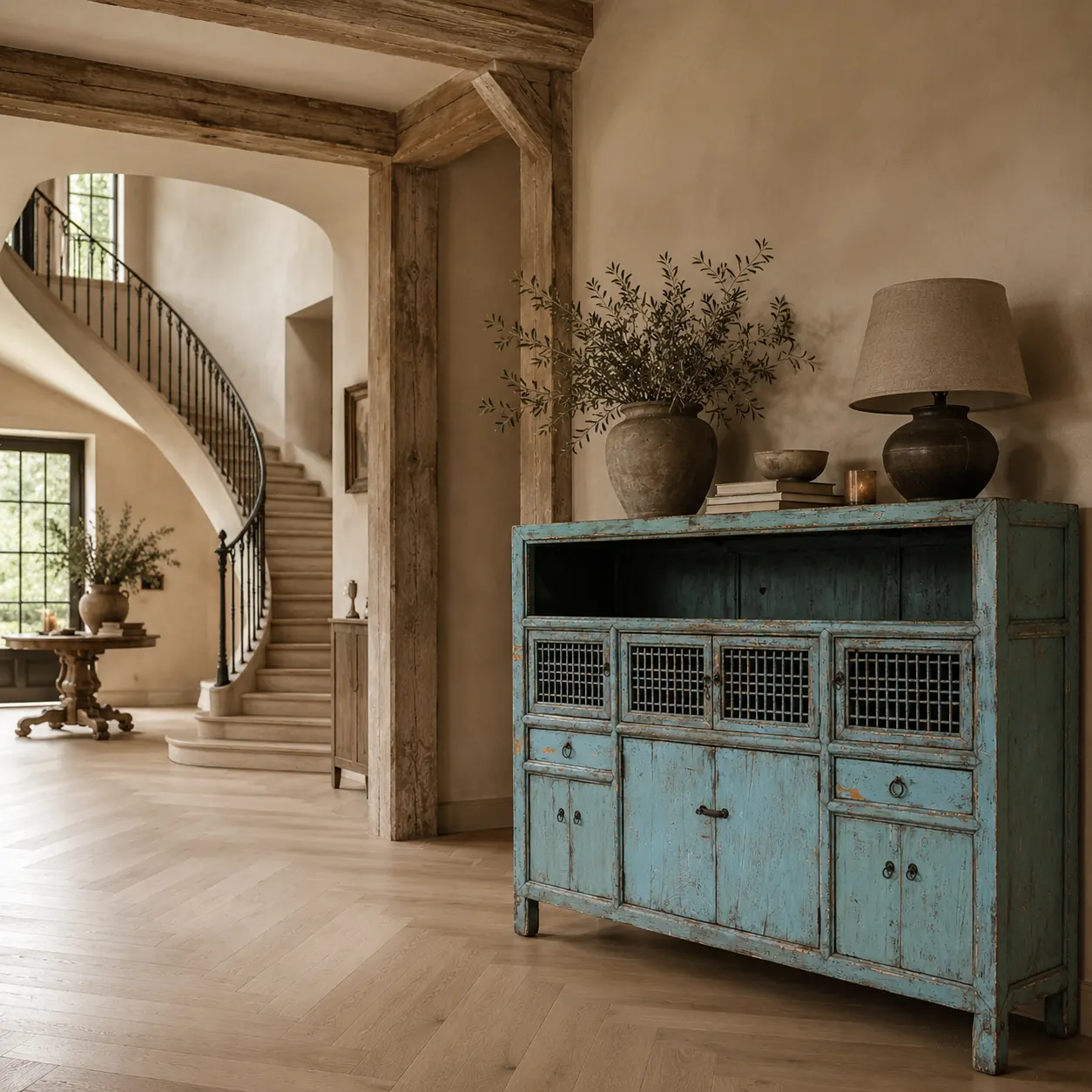Oosterse kast van oud hout in patina-blauw met tralievakken en smeedijzeren grepen, gestyled met olijftakken en aardewerken kruiken in een landelijke hal met houten balken — bohemian styling voor landelijke woonstijl.