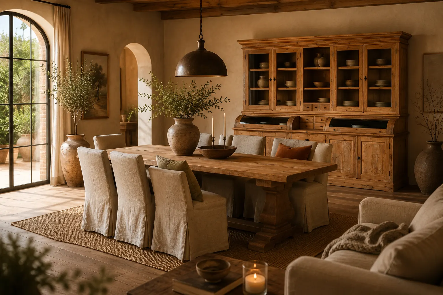 Landelijke eetkamer met massief houten kloostertafel, linnen stoelen en grote buffetkast