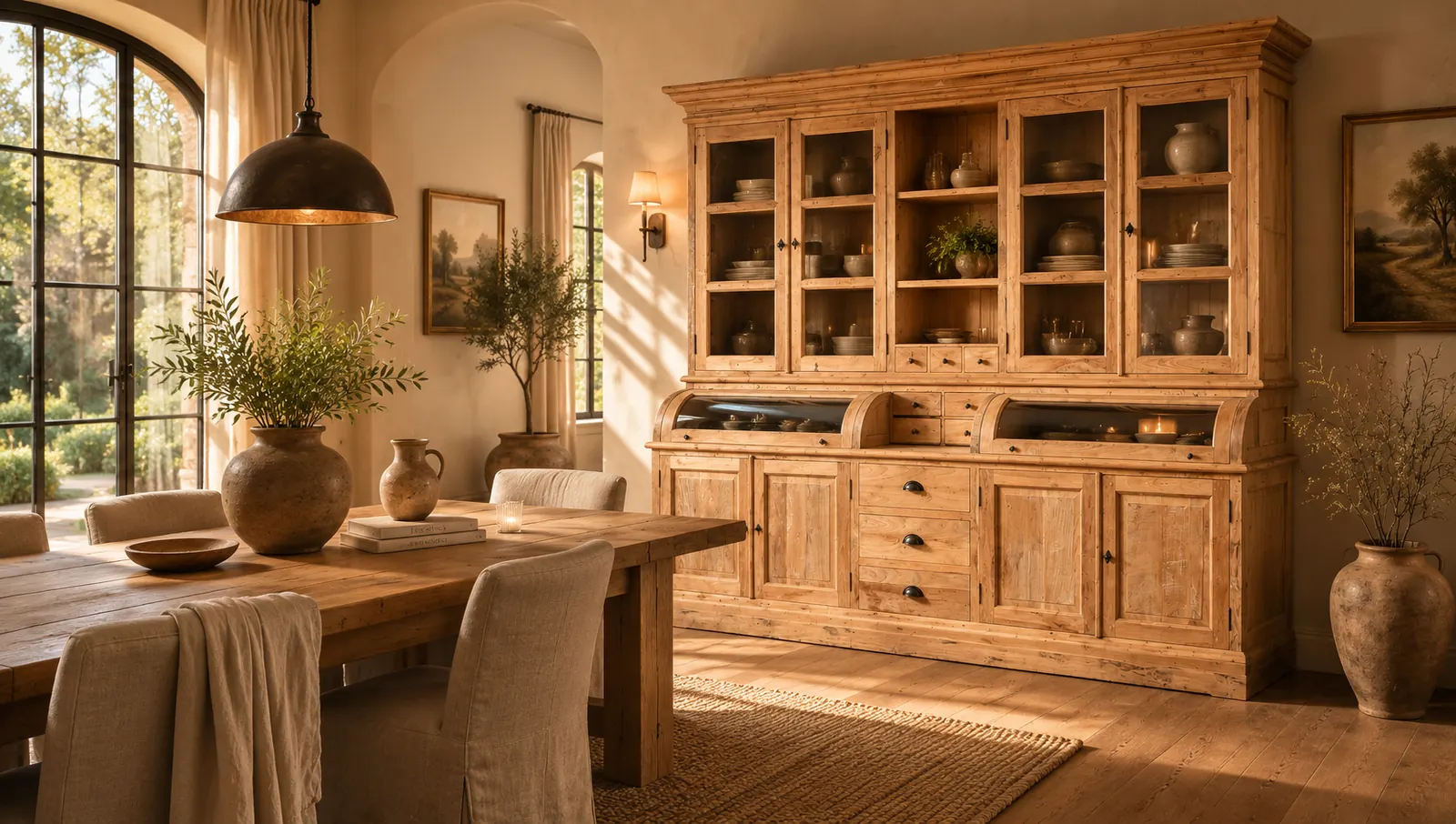 Landelijke eetkamer met grote blank houten buffetkast, eettafel en linnen stoelen