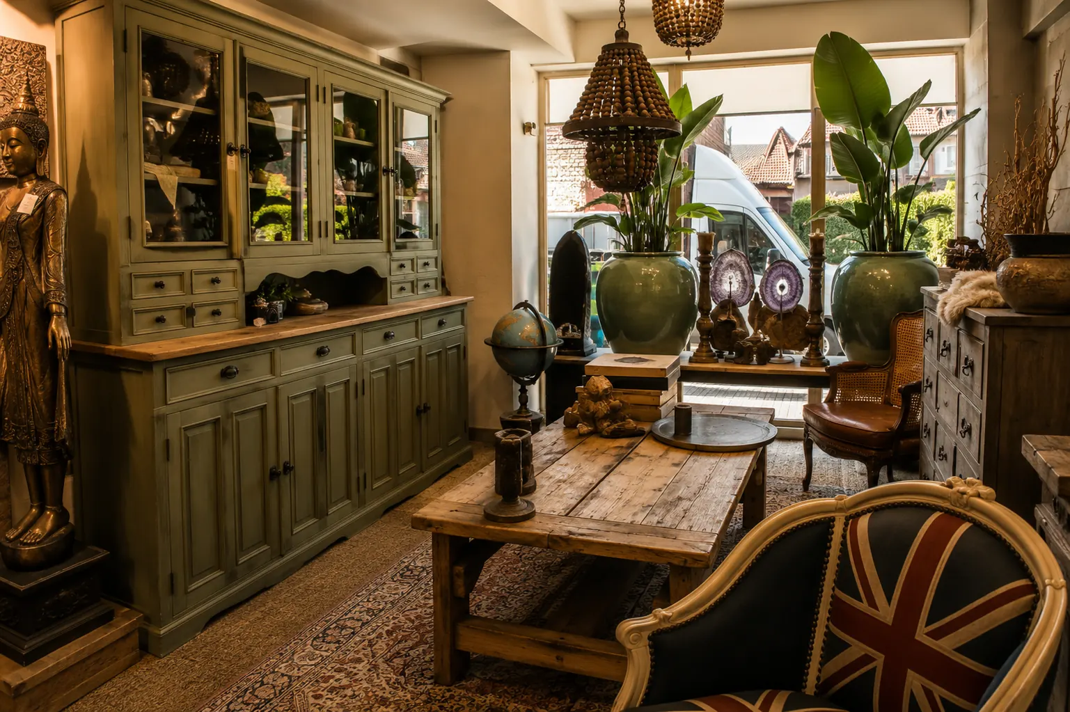 Showroom van UniekeKastenWinkel in Goirle met grote saliegroene buffetkast, robuuste houten salontafel, Boeddha-beeld, kralen hanglampen en oosterse accessoires