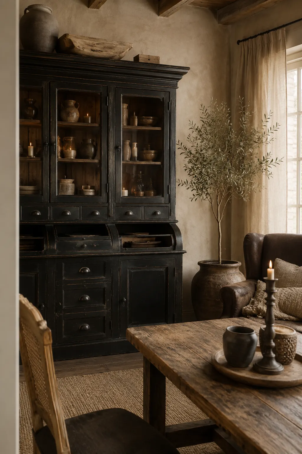 Zwarte grutterskast van massief hout met vele laden en glazen deuren in een warm landelijk interieur met olijfboom, leren fauteuil en robuuste houten eettafel