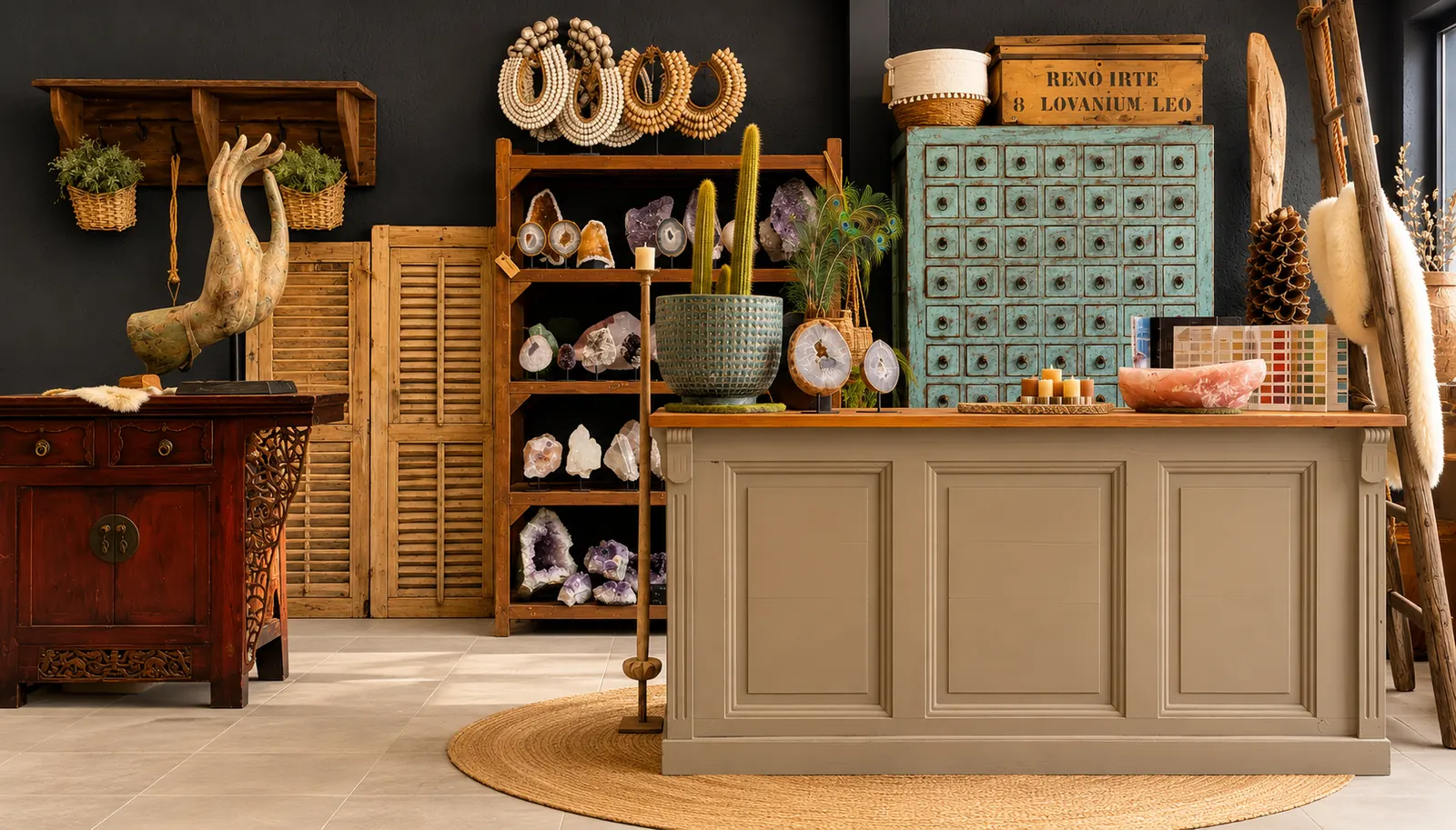 Teakhouten toonbank met apothekerskast en edelstenen in bohemian sfeer Bohemian hoek in de showroom met teakhouten toonbank, houten louvre-luiken, apothekerskast in vintage turquoise en open kast vol edelstenen en amethisten