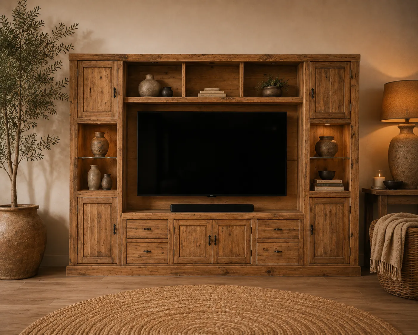 Teakhouten tv-ombouw op maat: complete wandkast met open vakken, laden en deuren, gebouwd op de afmetingen van de woonkamer Teakhouten tv-ombouw op maat: complete wandkast met open vakken, laden en deuren, gebouwd op de afmetingen van de woonkamer