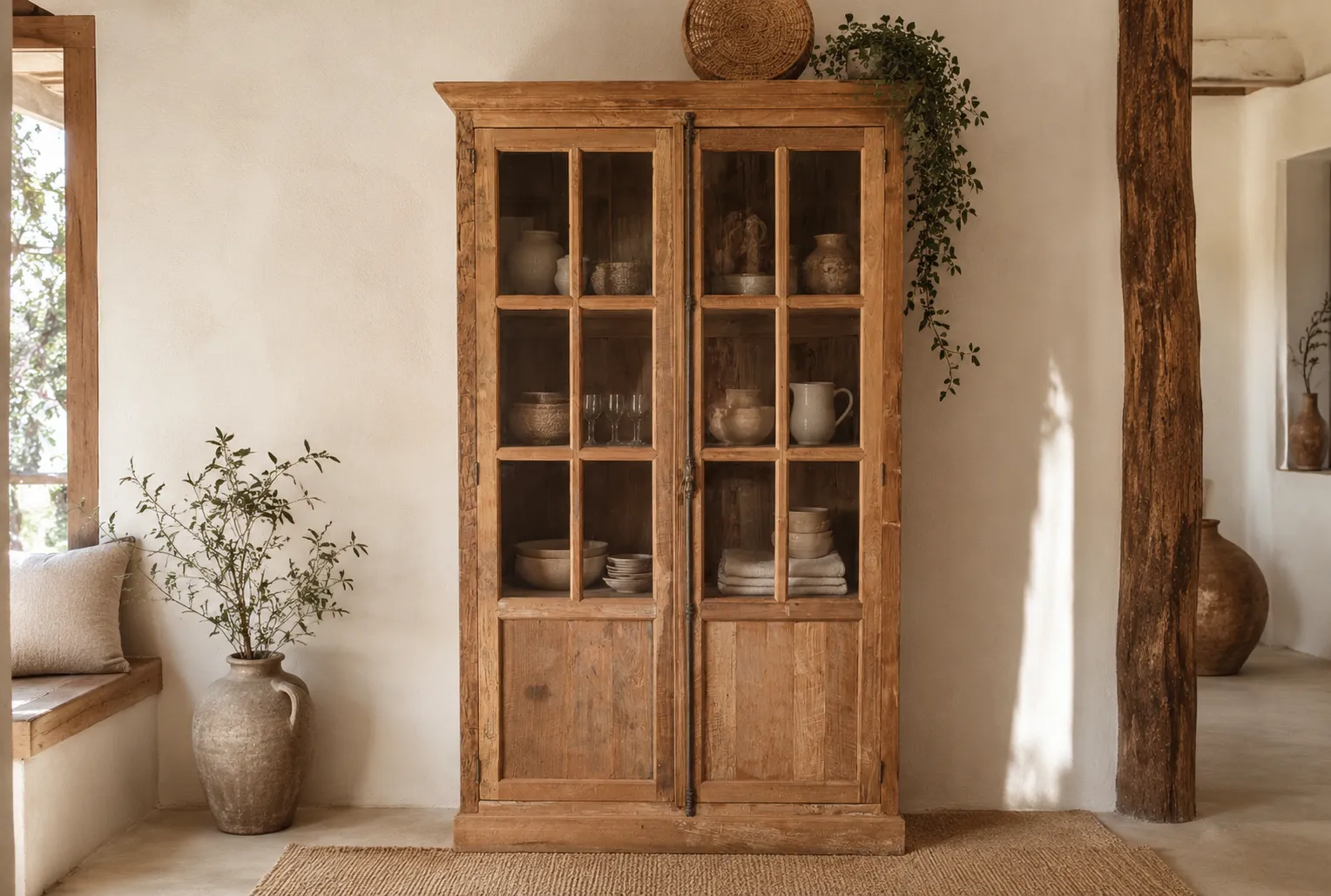 Slanke teakhouten vitrinekast met glasdeuren voor een landelijk interieur