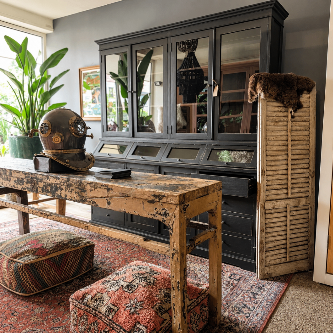 Mattschwarzer Buffetschrank mit Vitrinentüren, rustikaler Teak-Beistelltisch und orientalischer Taucherhelm im Showroom