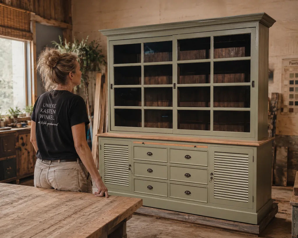 Eindresultaat van een landelijk groene buffetkast na restyling in ons eigen atelier — matte salie-groene afwerking op massief teakhout