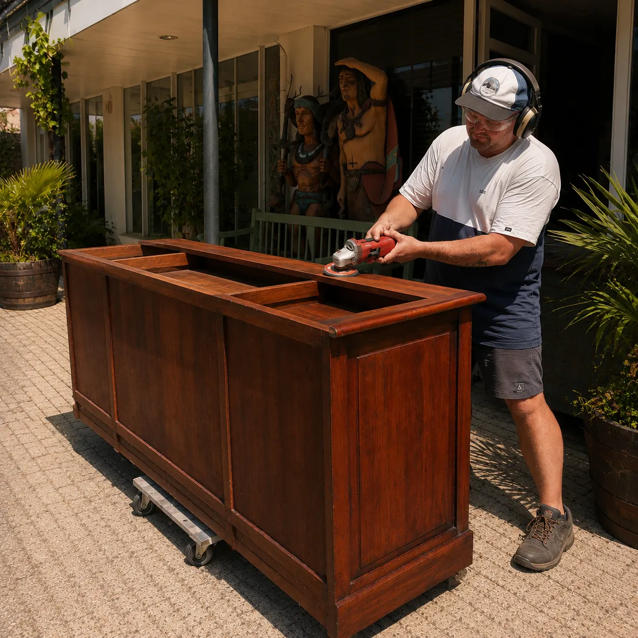 Vakman schuurt zorgvuldig een houten buffetkast in onze werkplaats — voorbereiding voor restyling naar wens in vrijwel elke RAL-kleur
