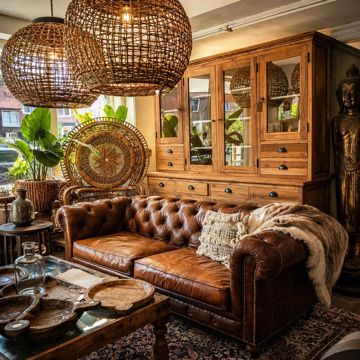 Bohemian interieur met cognac chesterfield bank, teakhouten vitrinekast met glazen deuren, rieten peacock stoel, gevlochten rotan hanglampen en Boeddha-beeld