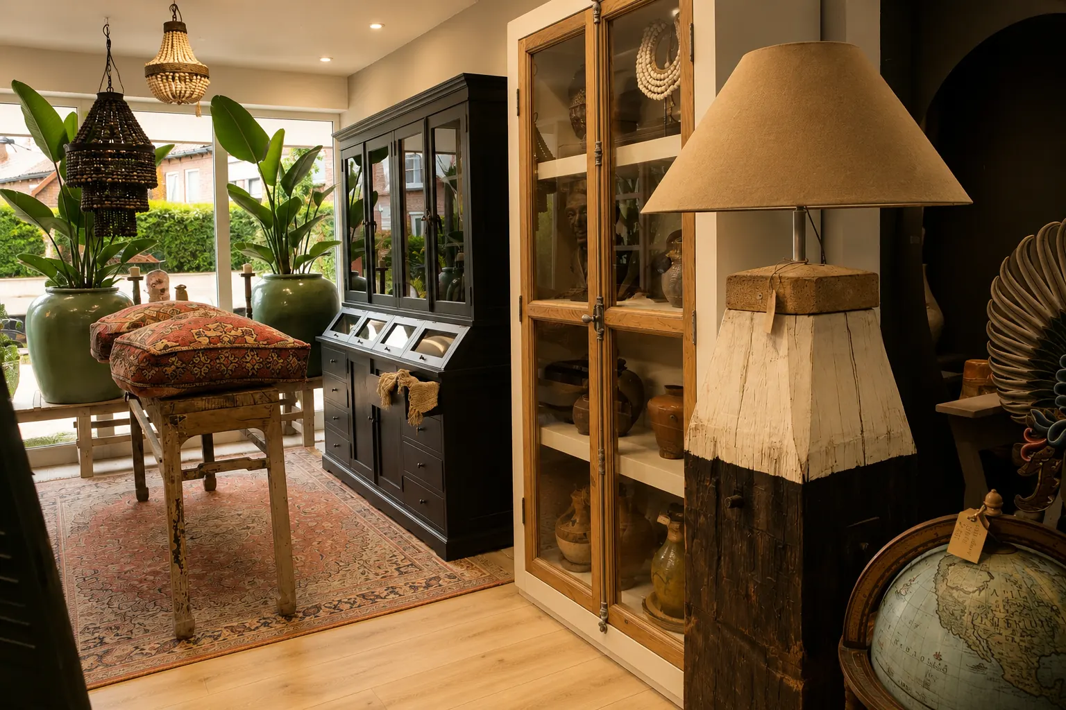 Showroom Goirle met zwarte buffetkast, teakhouten vitrinekast met oosterse potten en aardewerk, Perzisch tapijt en kralen hanglamp in een warme Ibiza-, bohemian- en oosterse sfeer.