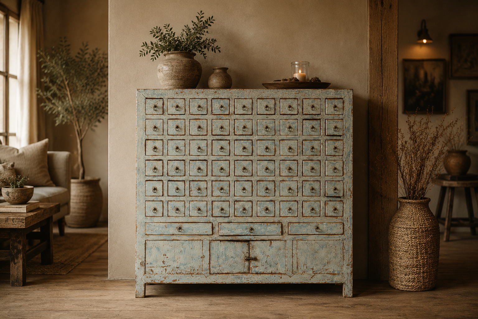 Landelijke lichtblauwe apothekerskast met vele kleine laatjes