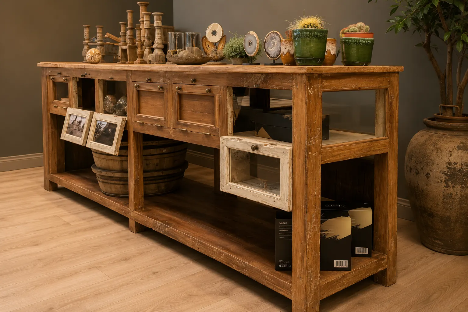 Teakhouten sidetable van oud teakhout in landelijke stijl Robuuste teakhouten sidetable van oud teakhout met laden en open vakken, gedecoreerd met houten kandelaars, cactussen en aardewerken potten in een warme landelijke showroom