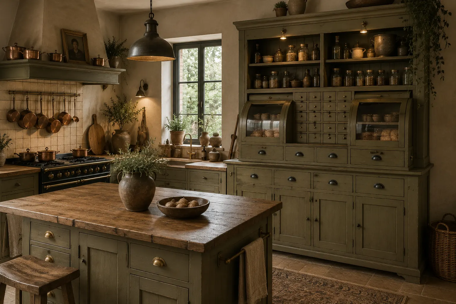 Landelijke keuken in olijfgroen met massief houten grutterskast vol voorraadpotten, koperen pannen, houten kookeiland en aardewerken kruiken – warme keukeninspiratie in rustieke stijl
